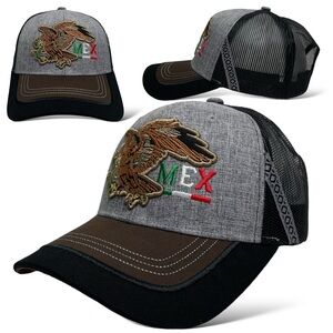 Mexico Eagle Embroidered Snapback Cap, Gray, Curved Brim Western Hat for Men